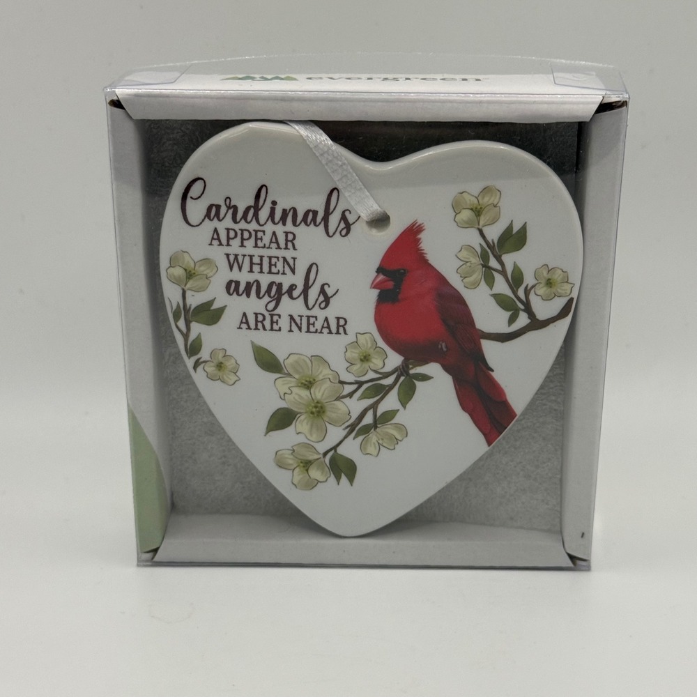 NEW Evergreen Memorial Ceramic Heart Hanging Decor Cardinal Bird Angels Near